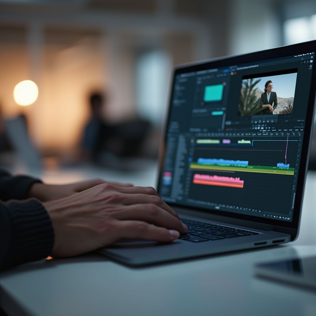 Close up photo of hands using a laptop to edit video, showing a video editing interface