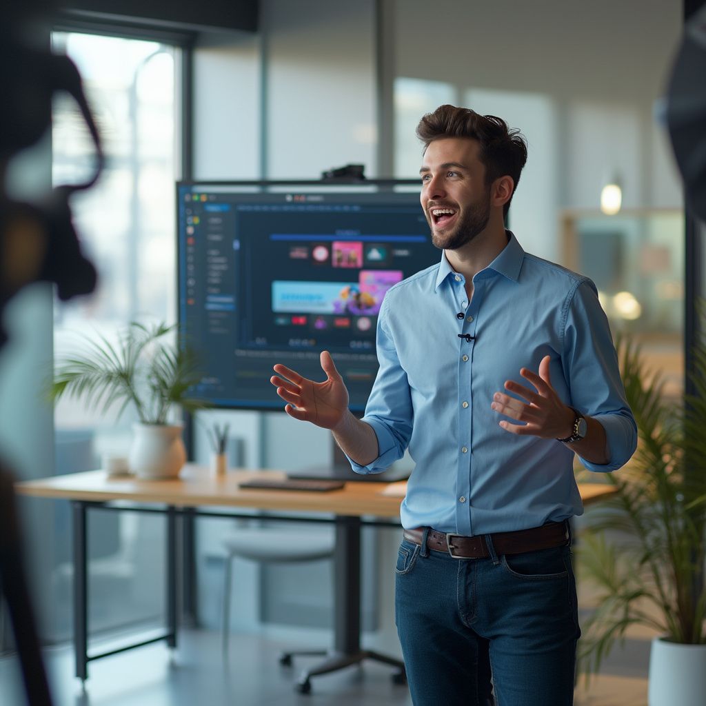 Dynamic shot of a person presenting Swiftia's AI video editing platform in a bright, modern office setting.