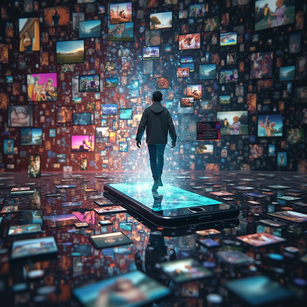 A surreal image depicting a person emerging from a smartphone into a world of short video clips, symbolizing the immersive and transformative impact of short-form video content