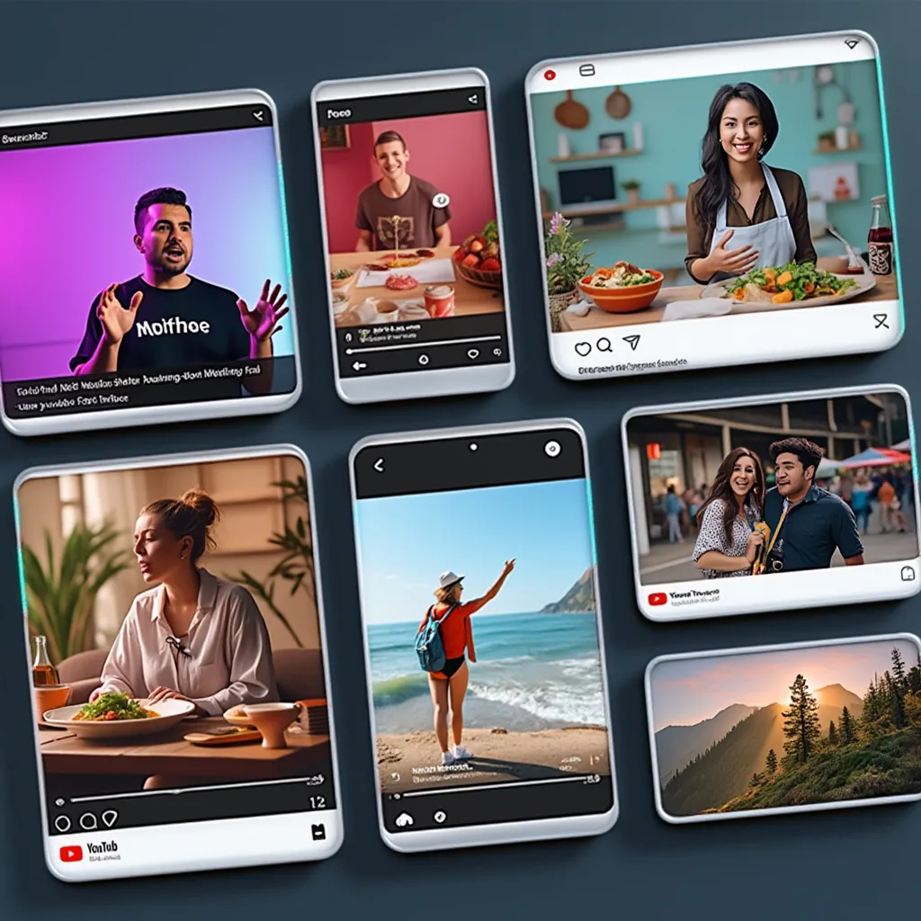 Collage of engaging short video clips on TikTok, Instagram Reels, and YouTube Shorts, showcasing diverse and captivating content.